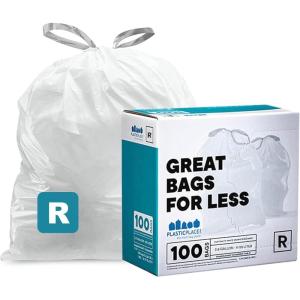 image:imagePlasticplace Custom Fit Trash Bags Compatible with Simplehuman Code R 100 Count White Drawstring Garbage Liners 26 Gallon 10 Liter 165 x 18White