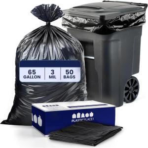 image:imagePlasticplace 65 Gallon Trash Bags  30 Mil  Black Heavy Duty Garbage Can Liners  50 X 48 50Count