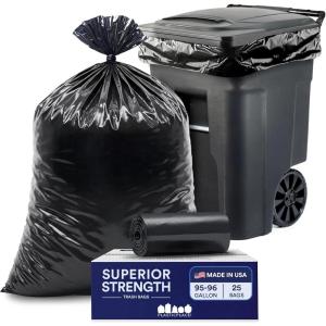 image:imagePlasticplace 9596 Gallon Garbage Can Liners Heavy Duty 15 Mil Black Trash Bags TearResistant Outdoor Garbage Bags for Rollaway Bins Large 61 x 68 IndustrialStrength Waste Bags 25 CountBlack