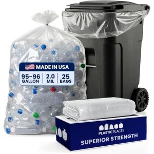 image:imagePlasticplace 9596 gallon Garbage Can Liners  2 Mil  Clear Heavy Duty Trash Bags  61 X 68 25Count25 Count Pack of 1