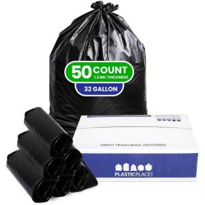 image:imagePlasticplace 32 Gallon Trash Bags Garbage Can Liners for Toter Heavy Duty Contractor Black Garbage Bags TearResistant LeakProof Extra Large Can Liners 44 x 54 50 Count Trashbags 12 Mil
