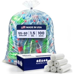 image:imagePlasticplace 5560 gallon Trash Bags  15 Mil  Clear Heavy Duty Garbage Can Liners Rolls  38 x 58 100CountClear