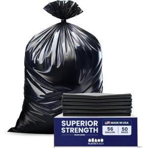 image:imagePlasticplace 56 Gallon Trash Bags  20 Mil  Black Heavy Duty Liners Fits Glutton Garbage Can  43 x 46 50 Count