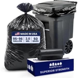 image:imagePlasticplace 9596 Gallon Trash Bags  20 Mil  Black Heavy Duty Garbage Can Liners  61 x 68 50 Count